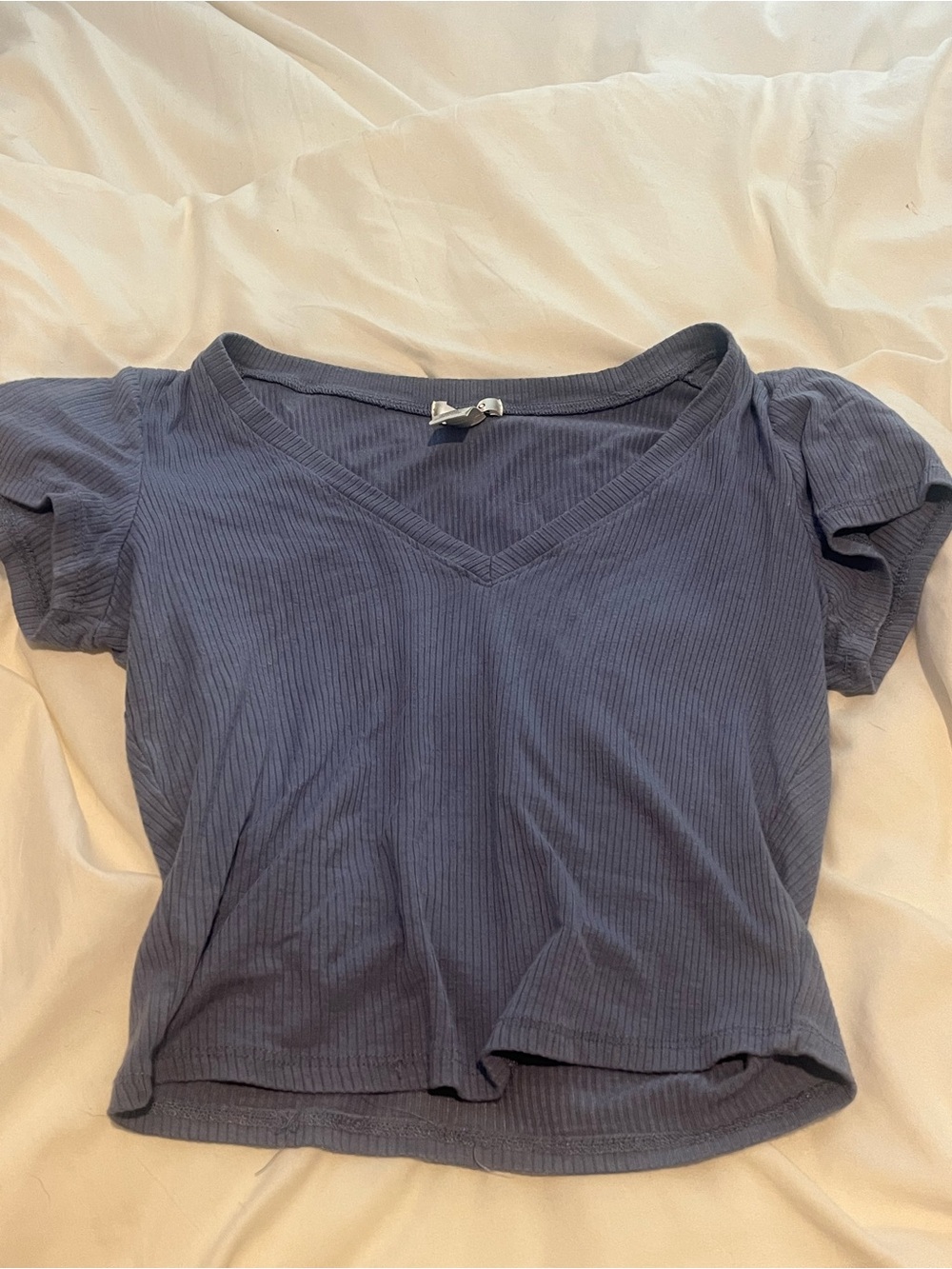 Bozzolo Slate Blue Ribbed V-Neck Crop Top
